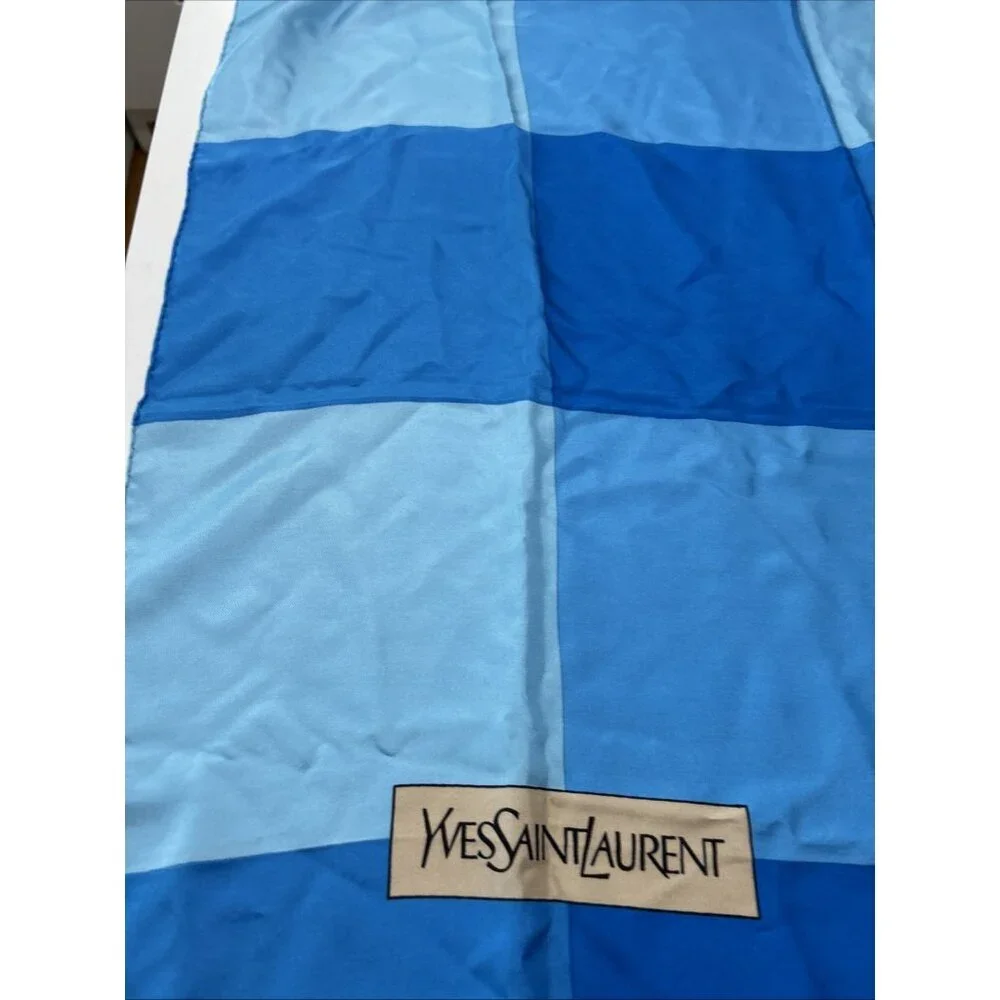 YVes St Laurent silk scarf Blue Check Deisgner Preppy quiet Luxury designer